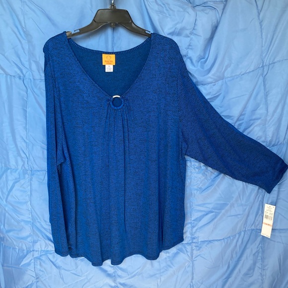 3/$45 Ruby rd ribbed pull over top w ring cut out detail casual shirt blue black - Picture 4 of 17